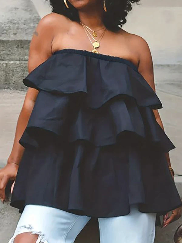 Women's Navy Tiered Ruffle Strapless Top for Effortless Summer Style