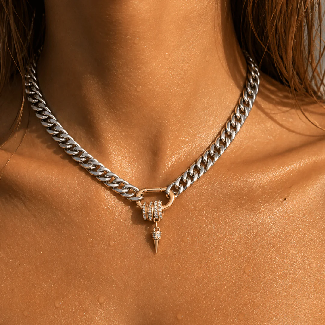 Women's Curb Chain Necklace with Rhinestone Charm Holder - Image 2