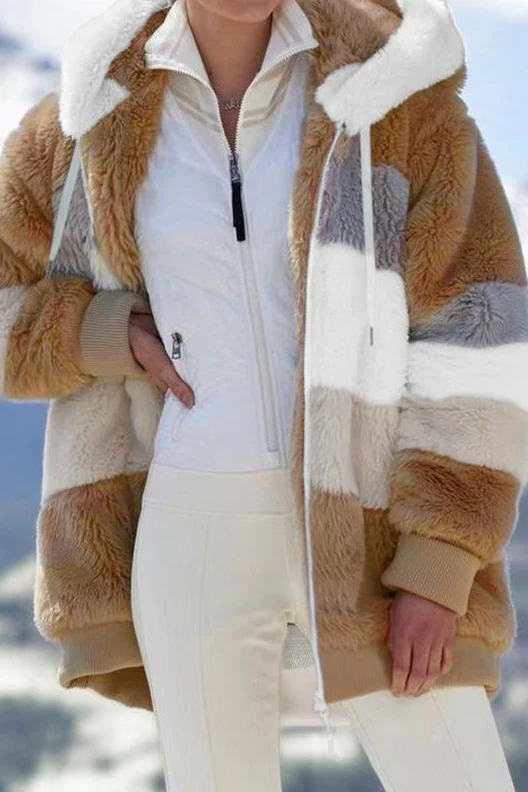 Ceylan Women's Oversized Teddy Jacket Striped Hooded Faux Fur Coat - Image 3