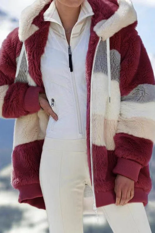 Ceylan Women's Oversized Teddy Jacket Striped Hooded Faux Fur Coat - Image 4