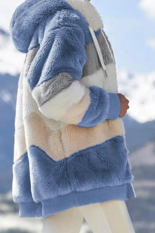 Ceylan Women's Oversized Teddy Jacket Striped Hooded Faux Fur Coat - Image 5