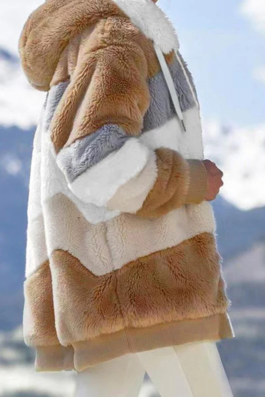 Ceylan Women's Oversized Teddy Jacket Striped Hooded Faux Fur Coat - Image 6