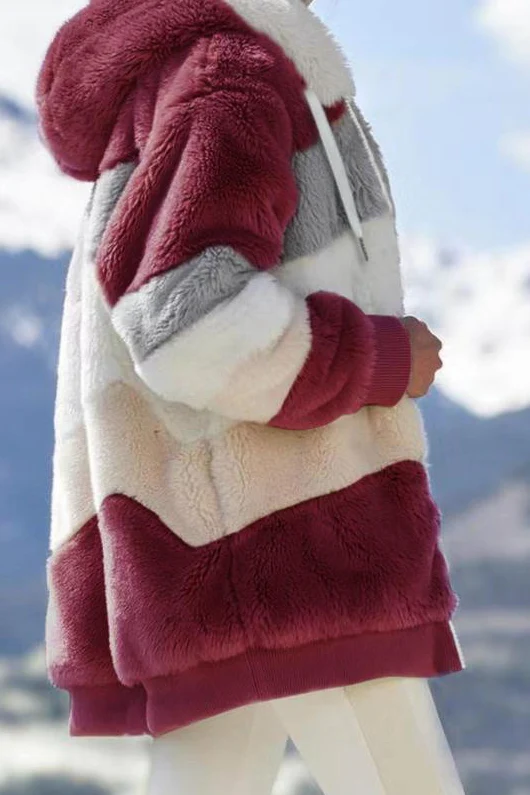 Ceylan Women's Oversized Teddy Jacket Striped Hooded Faux Fur Coat - Image 7