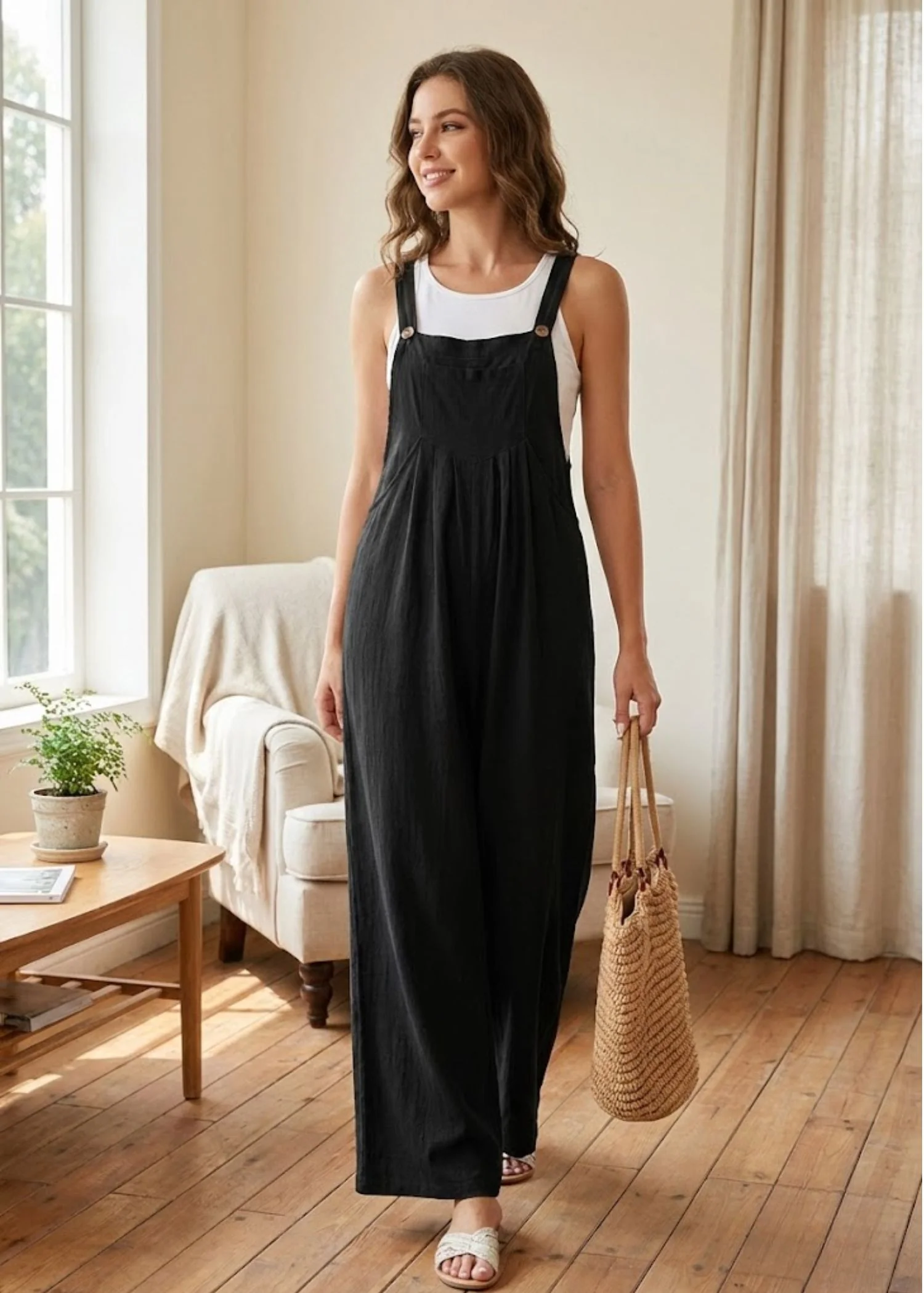Ceylan Women's Wide Leg Jumpsuit with Button Straps and Pockets