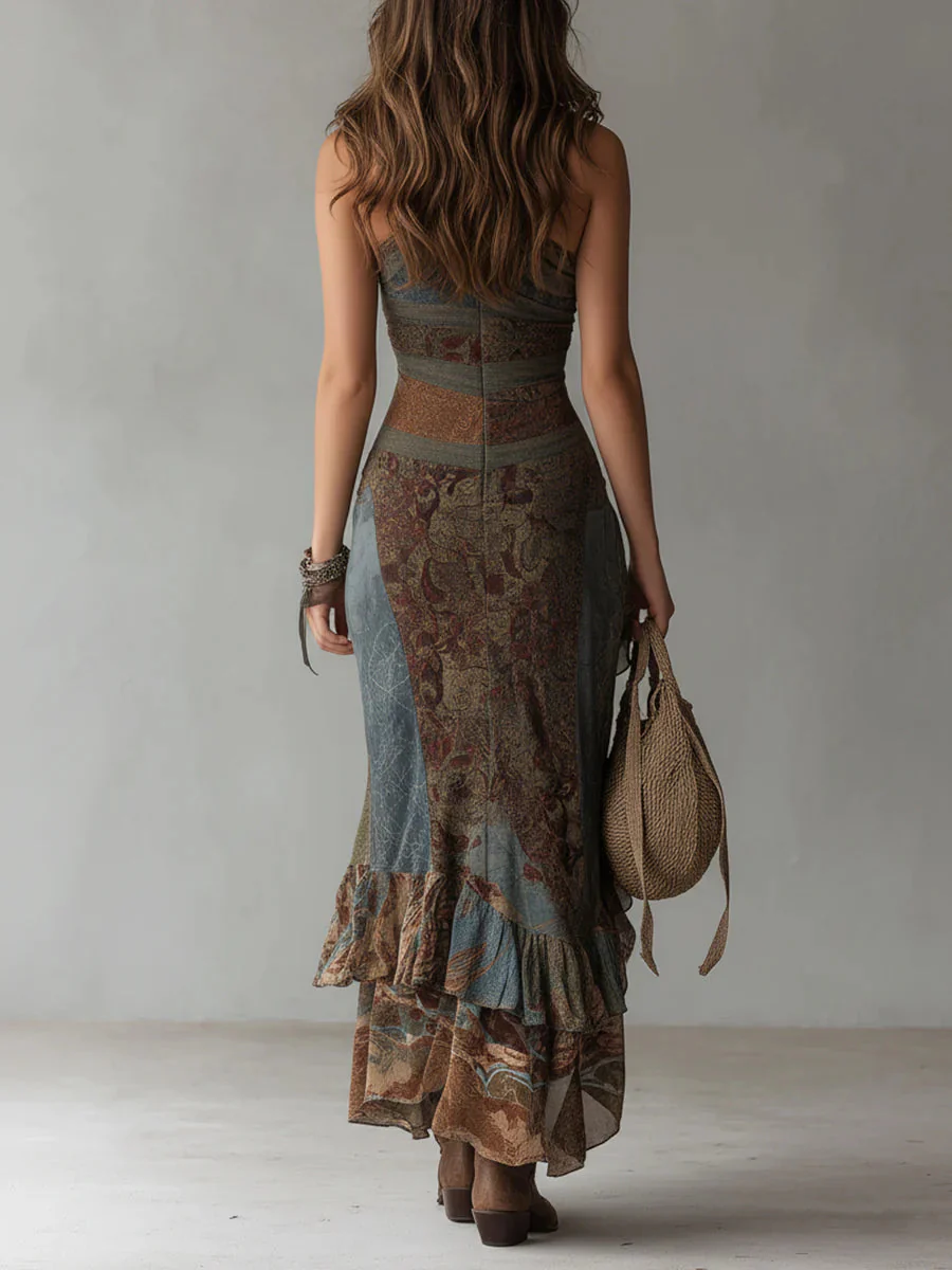 Women's Ethnic-Style Printed One-Shoulder Maxi Dress with High Slit for a Bold Look - Image 3