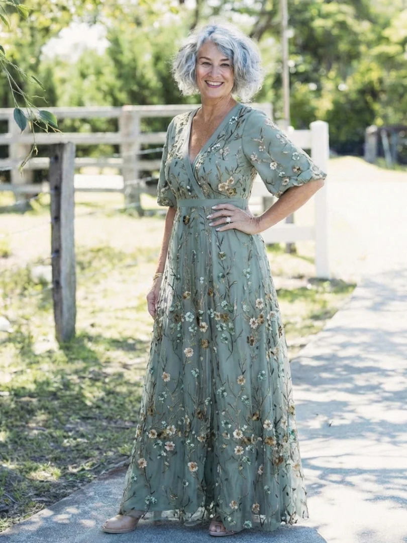 Women's Floral V-Neck Maxi Dress with Short Sleeves for Feminine Elegance - Image 9
