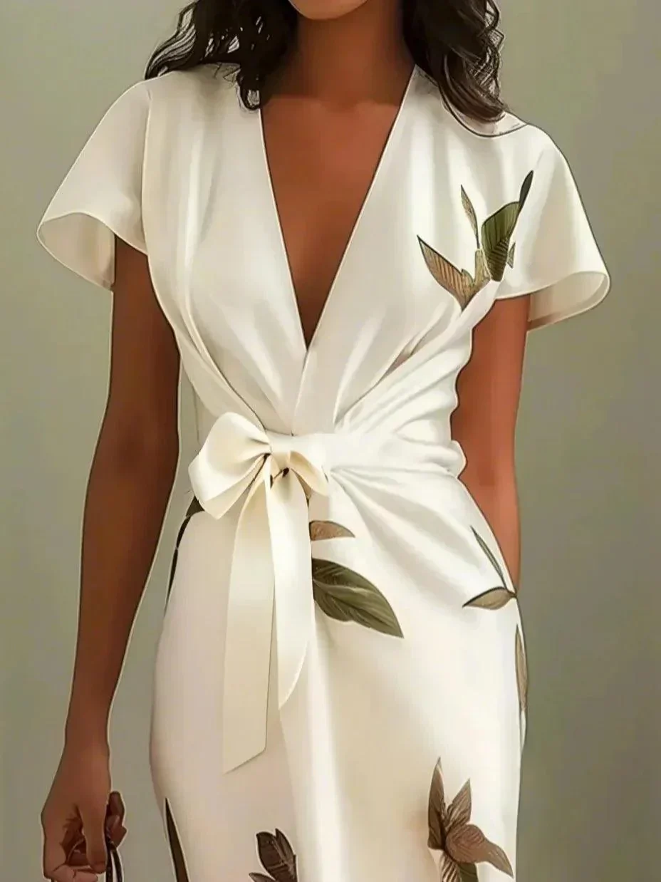 Women's Botanical Print Wrap Dress with Cinched Waist for Elegant Occasions - Image 2