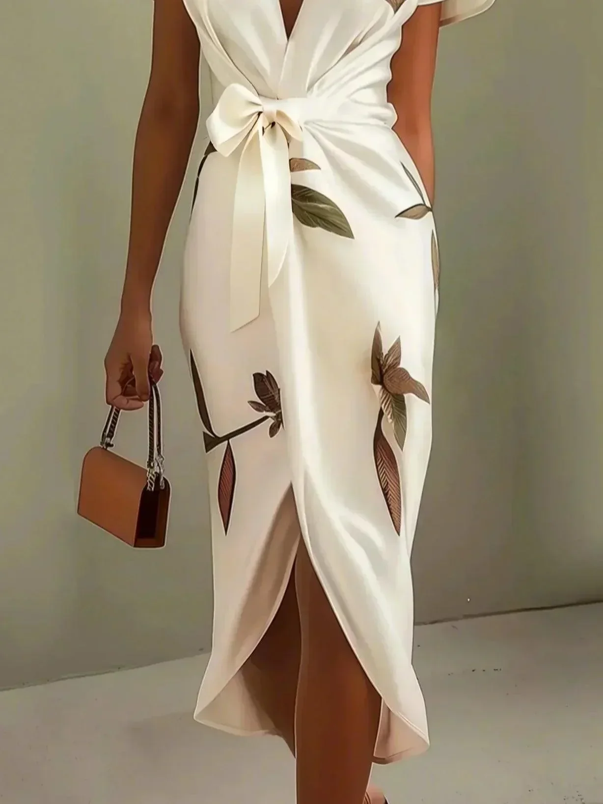 Women's Botanical Print Wrap Dress with Cinched Waist for Elegant Occasions - Image 3