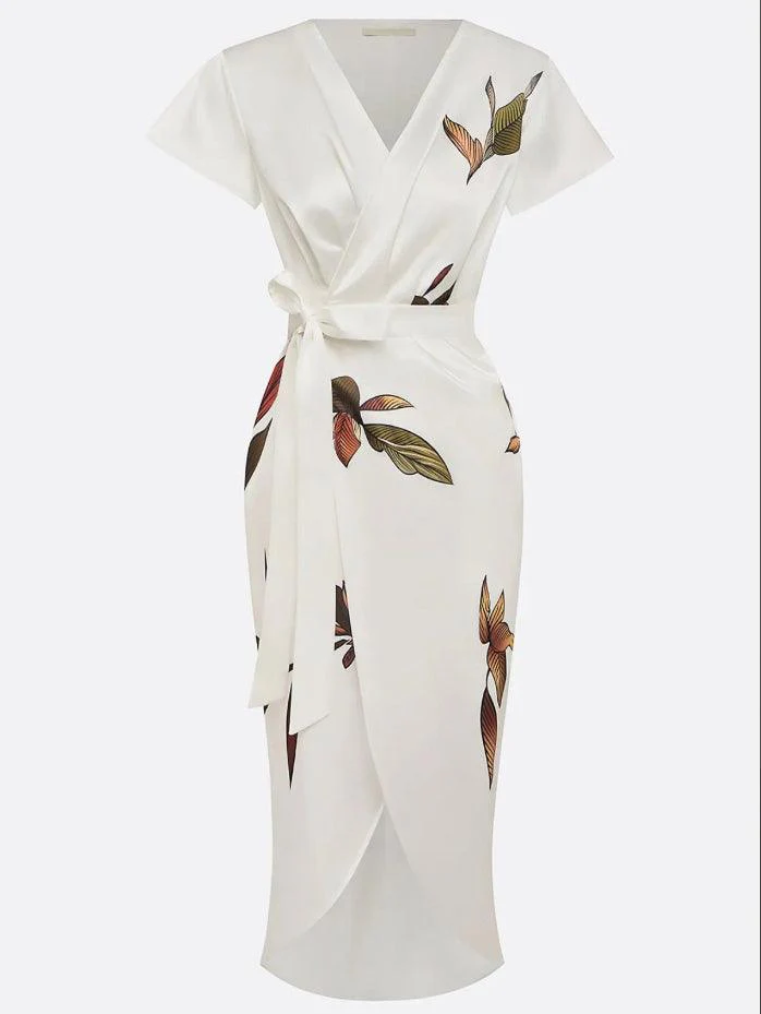 Women's Botanical Print Wrap Dress with Cinched Waist for Elegant Occasions - Image 4