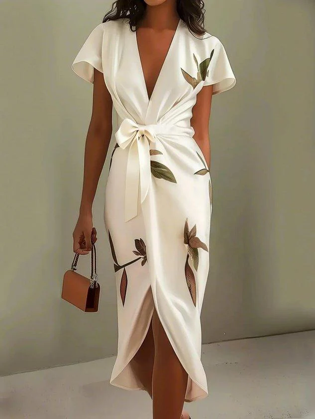 Women's Botanical Print Wrap Dress with Cinched Waist for Elegant Occasions - Image 8