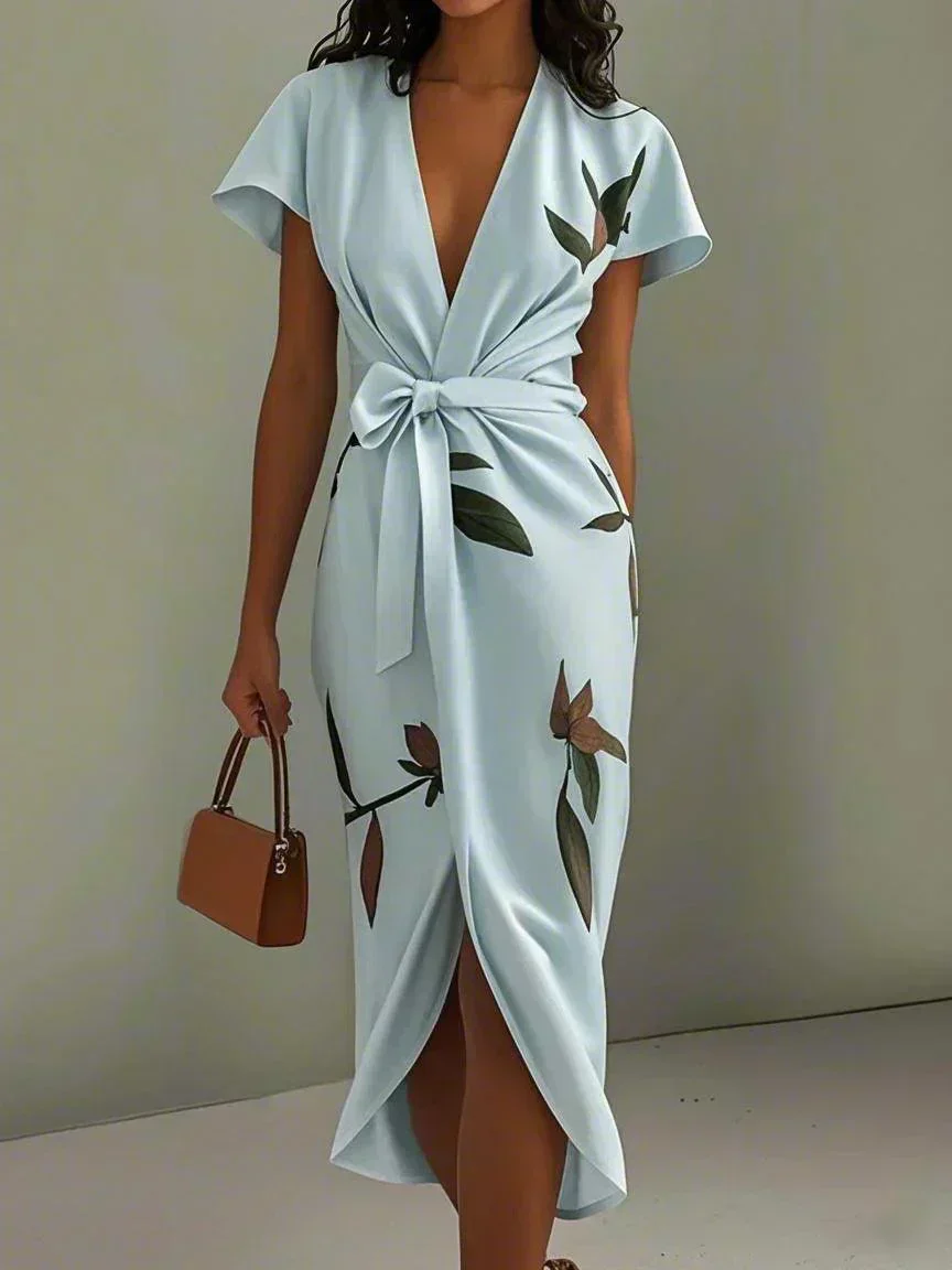 Women's Botanical Print Wrap Dress with Cinched Waist for Elegant Occasions - Image 9
