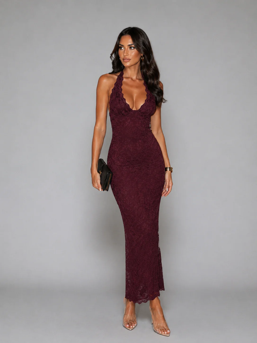 Women's Black Floral Lace Halter Maxi Dress with Scalloped Trim for Evening Glamour - Image 3