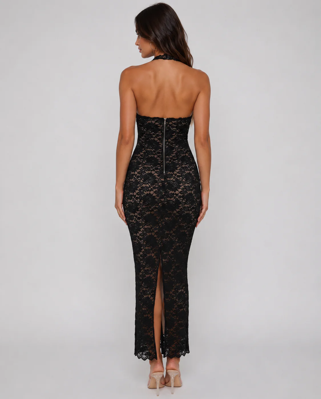 Women's Black Floral Lace Halter Maxi Dress with Scalloped Trim for Evening Glamour - Image 4