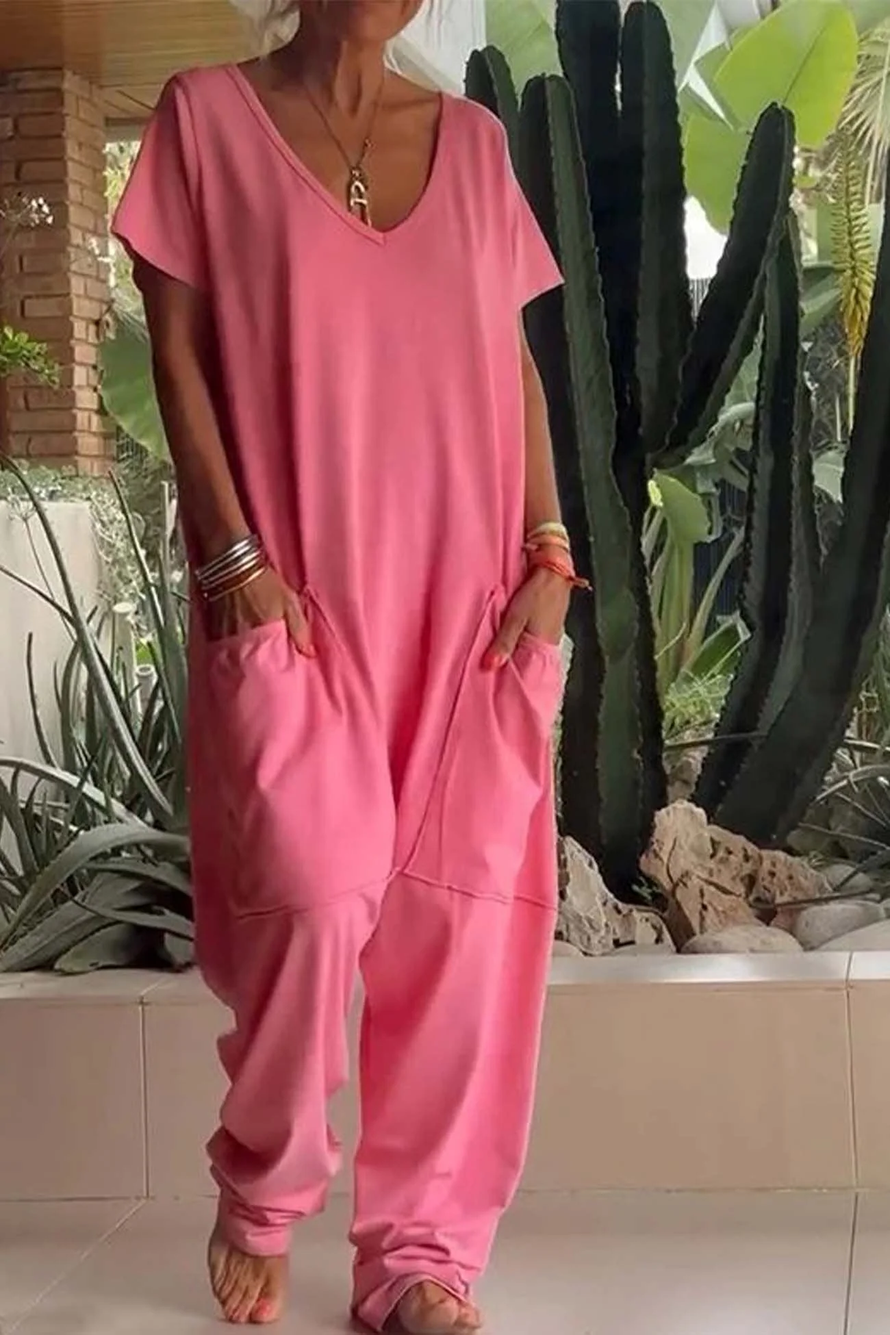 Women's Linen Blend Wide Leg Jumpsuit with V-Neck for Relaxed Comfort