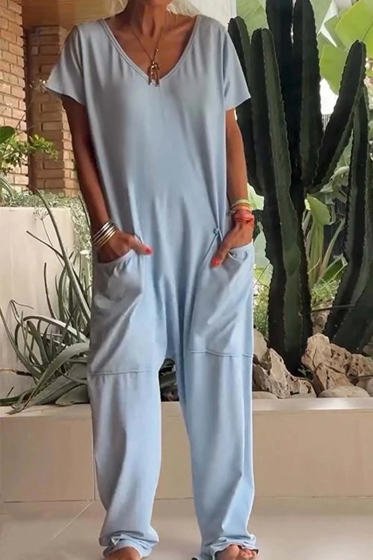 Women's Linen Blend Wide Leg Jumpsuit with V-Neck for Relaxed Comfort - Image 5