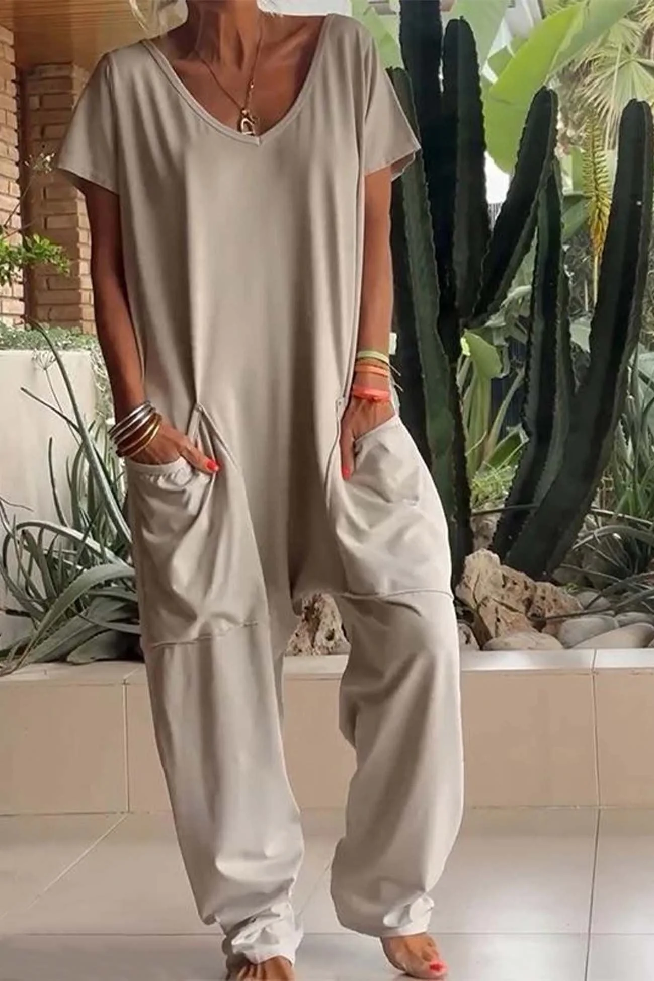 Women's Linen Blend Wide Leg Jumpsuit with V-Neck for Relaxed Comfort - Image 6