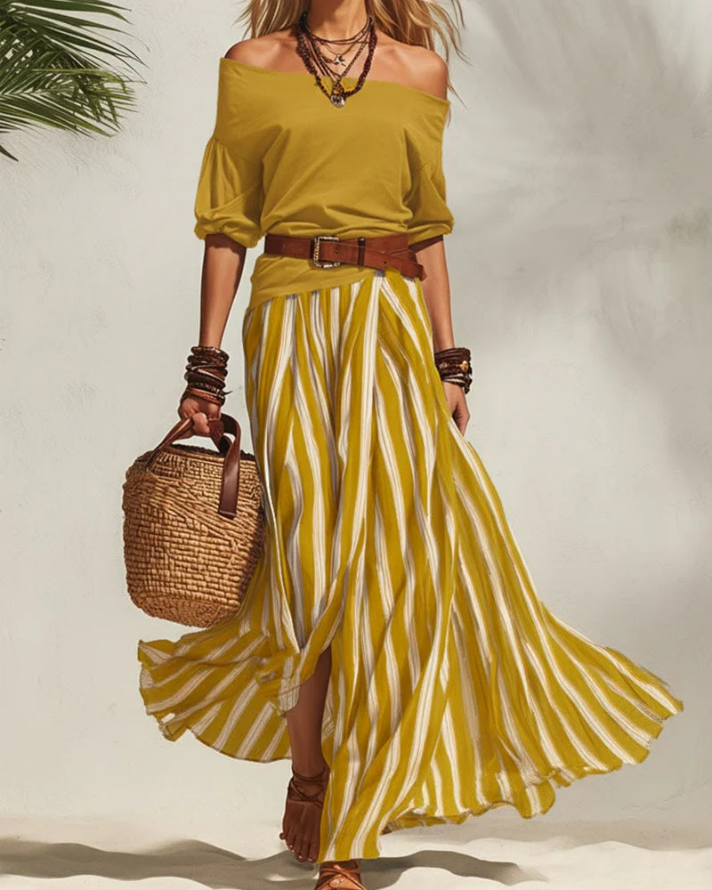 Women's Striped Maxi Skirt Set with Off-Shoulder Top for Effortless Style - Image 3