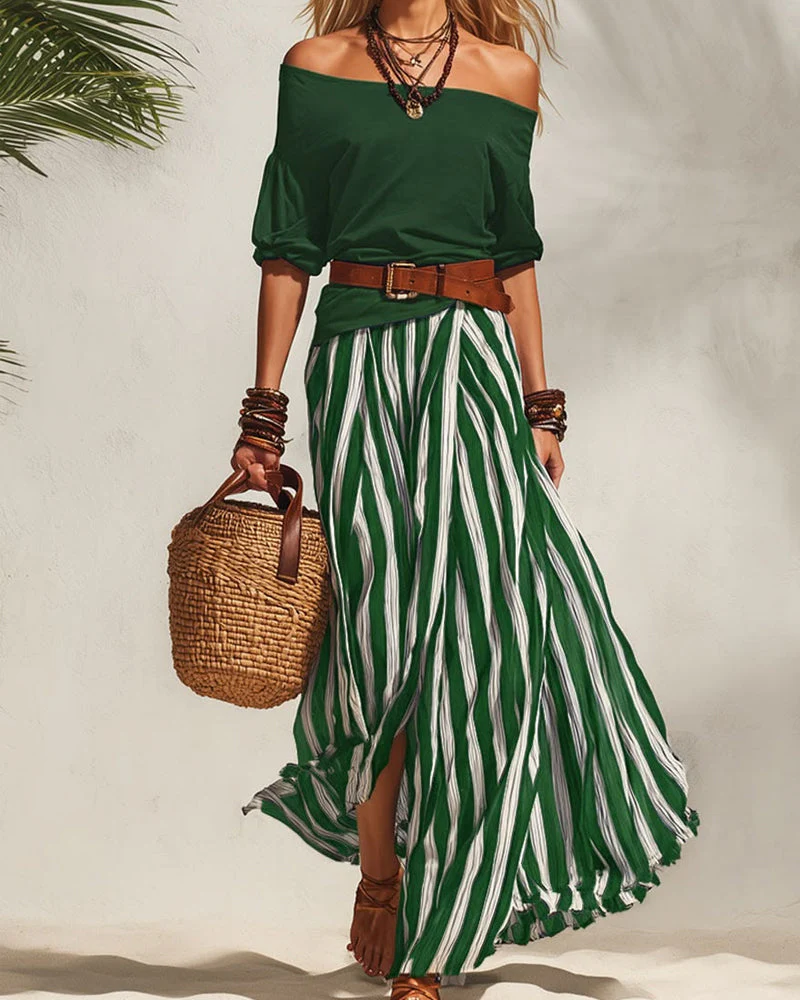 Women's Striped Maxi Skirt Set with Off-Shoulder Top for Effortless Style - Image 4