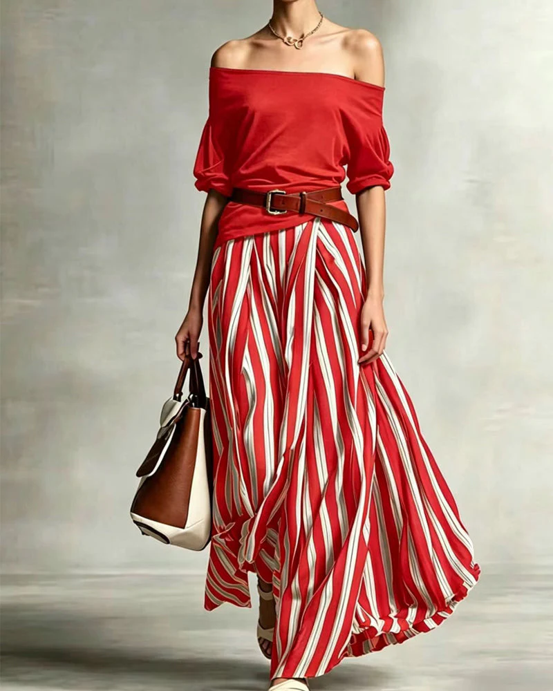 Women's Striped Maxi Skirt Set with Off-Shoulder Top for Effortless Style - Image 5