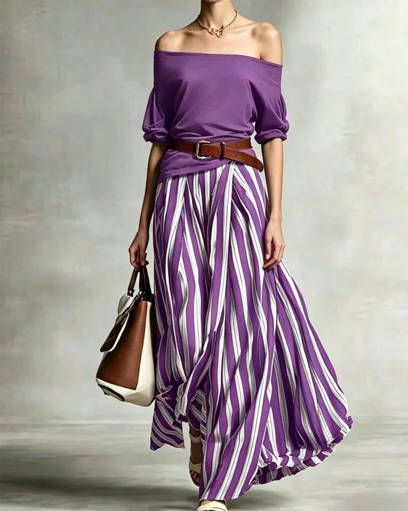 Women's Striped Maxi Skirt Set with Off-Shoulder Top for Effortless Style - Image 6