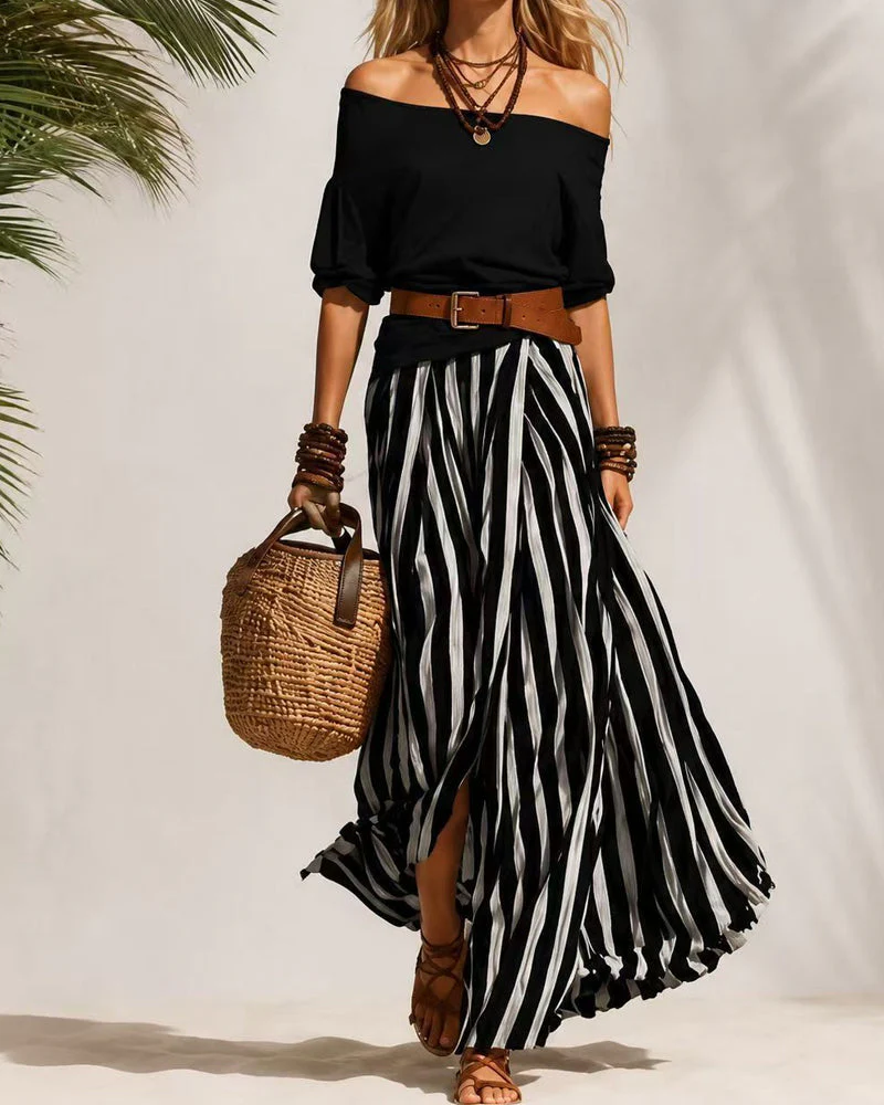 Women's Striped Maxi Skirt Set with Off-Shoulder Top for Effortless Style - Image 7