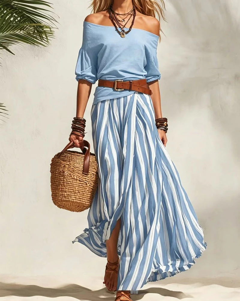 Women's Striped Maxi Skirt Set with Off-Shoulder Top for Effortless Style - Image 8