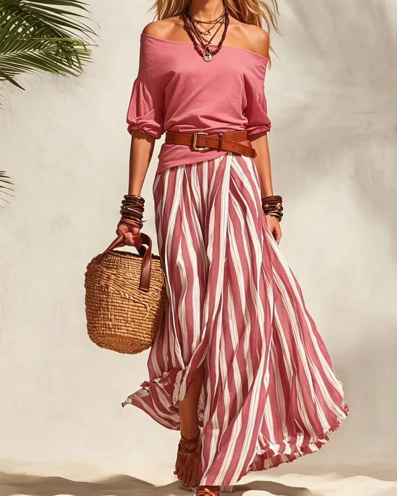 Women's Striped Maxi Skirt Set with Off-Shoulder Top for Effortless Style - Image 9