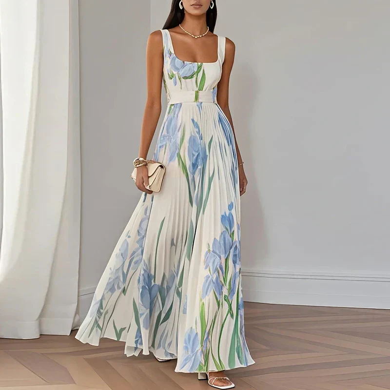 Women's Floral A-Line Maxi Dress with Square Neckline for Romantic Elegance