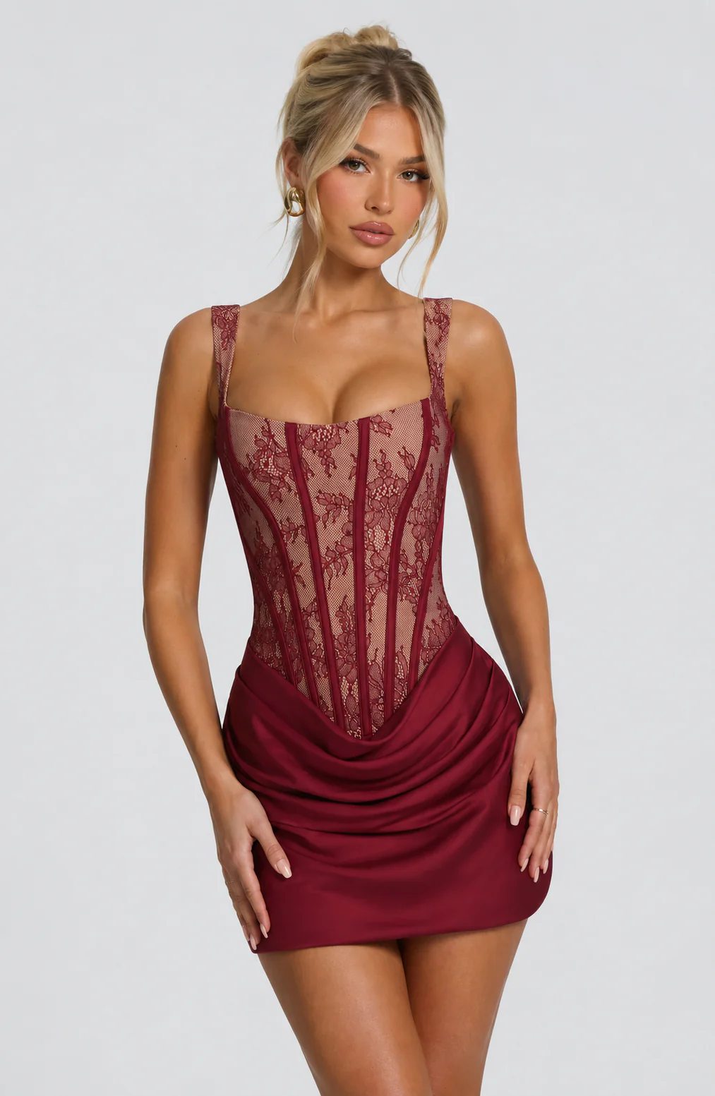 Women's Lace Corset Mini Dress with Draped Satin Skirt for Summer Nights - Image 3