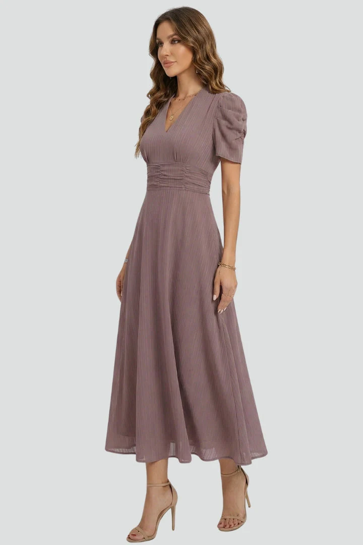 Women's V-Neck Midi Dress with Ruched Waist and Short Sleeves - Image 3