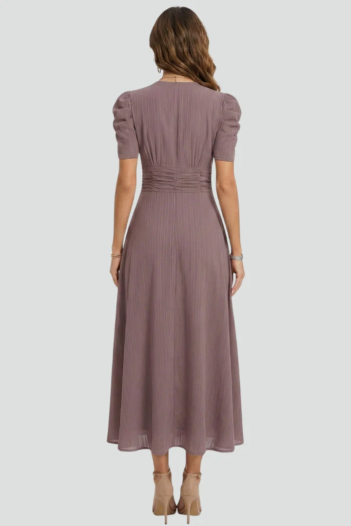Women's V-Neck Midi Dress with Ruched Waist and Short Sleeves - Image 4