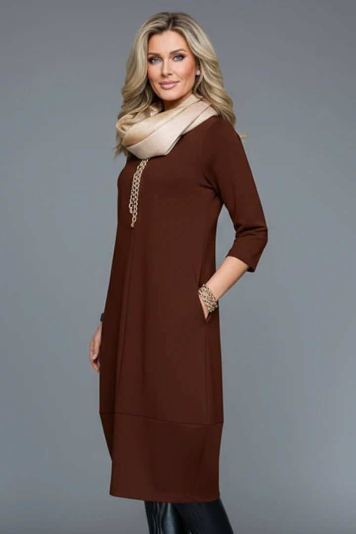Women's A-Line Midi Dress with Round Neck and Side Pockets - Image 3