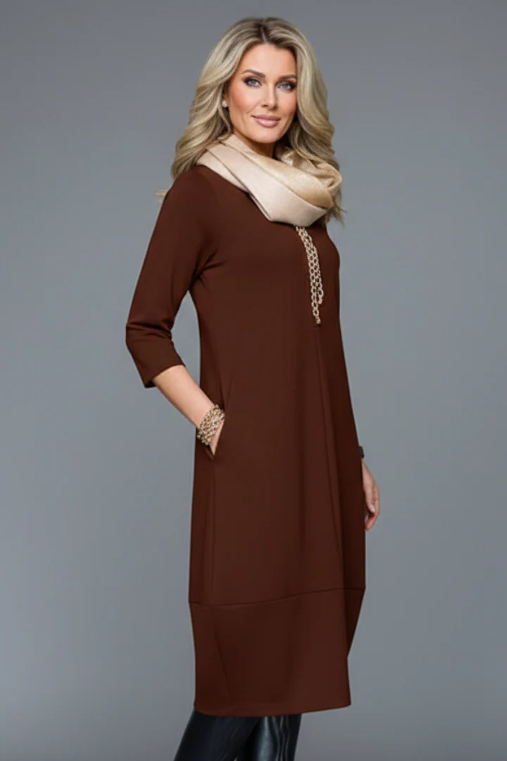 Women's A-Line Midi Dress with Round Neck and Side Pockets - Image 4