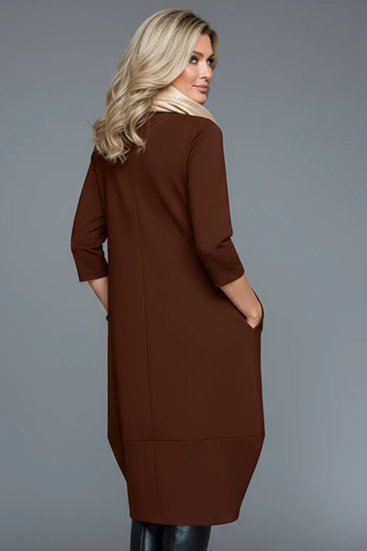Women's A-Line Midi Dress with Round Neck and Side Pockets - Image 5