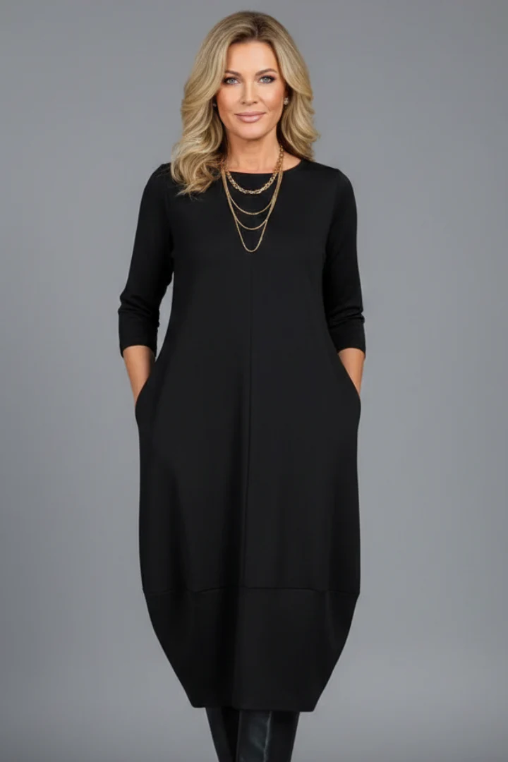 Women's A-Line Midi Dress with Round Neck and Side Pockets - Image 6
