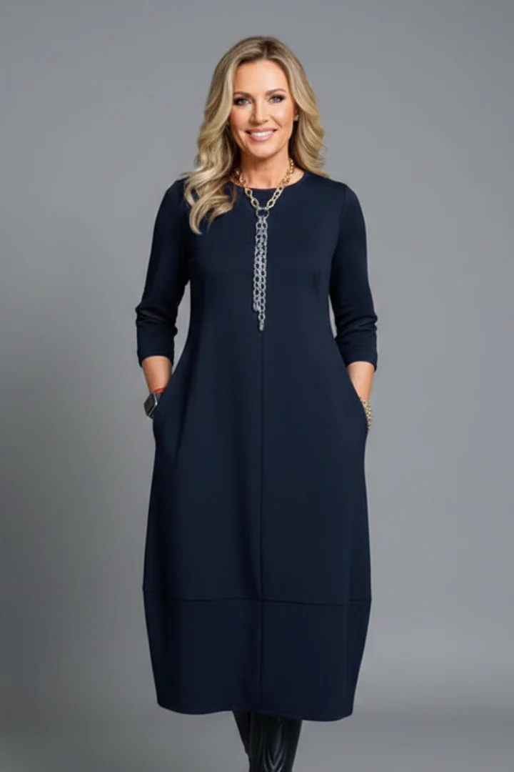 Women's A-Line Midi Dress with Round Neck and Side Pockets - Image 7