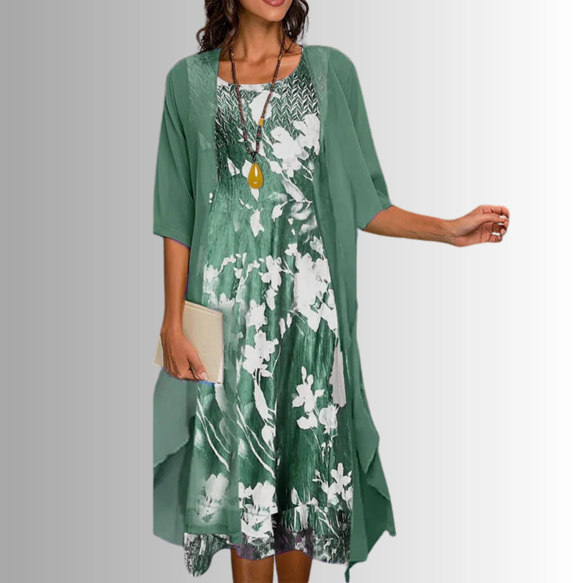 Women's 2-Piece Dress Set with Floral Print Midi and Sheer Open Front Cardigan - Image 2