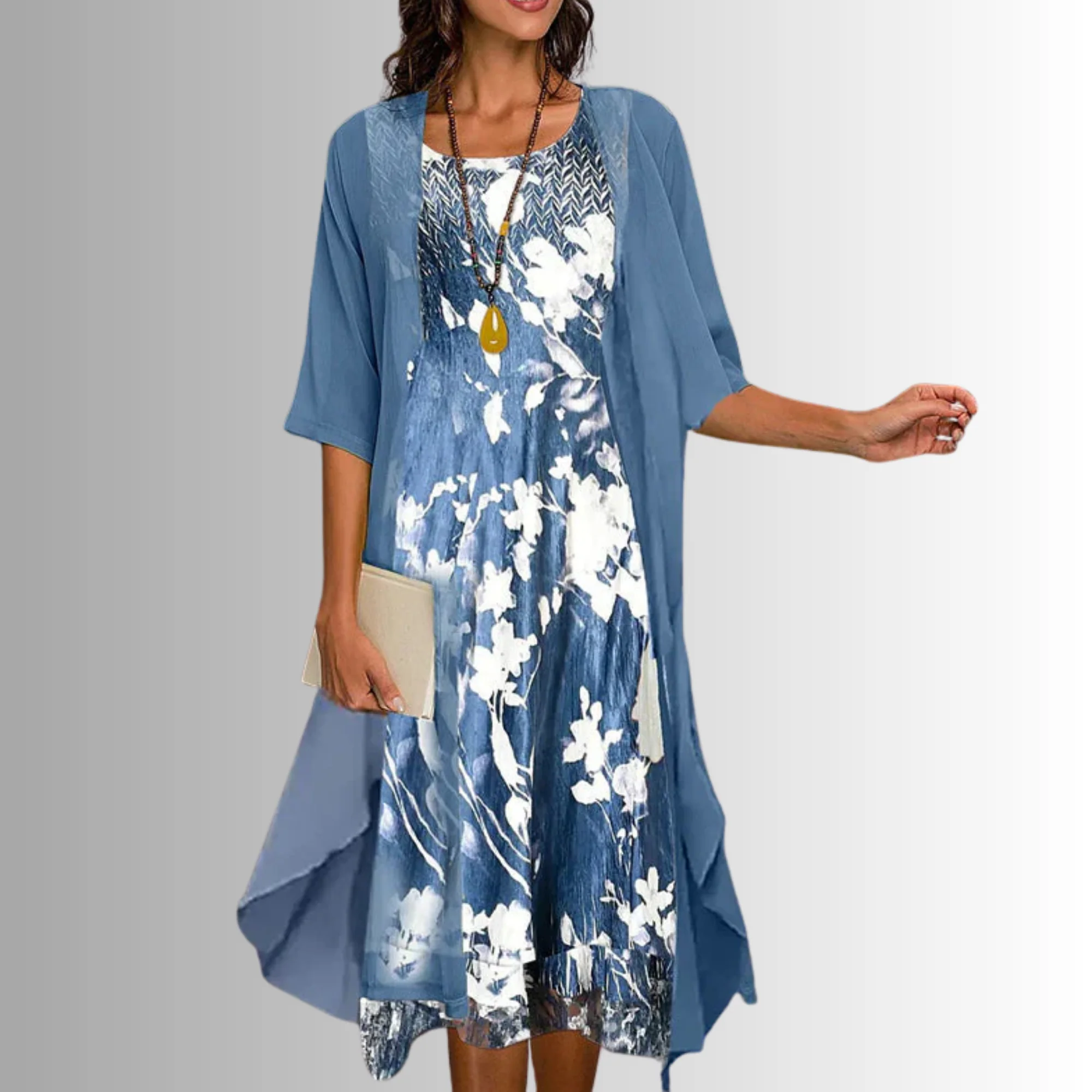 Women's 2-Piece Dress Set with Floral Print Midi and Sheer Open Front Cardigan - Image 3