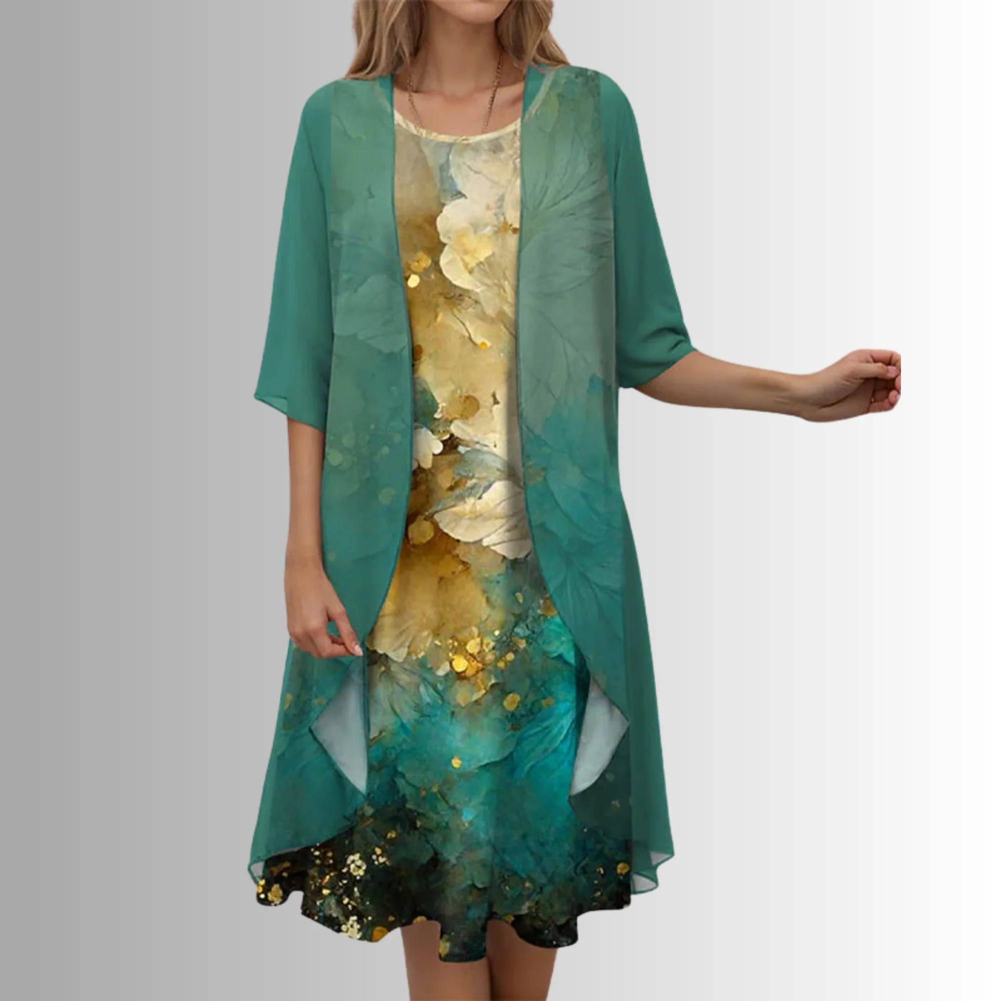 Women's 2-Piece Dress Set with Floral Print Midi and Sheer Open Front Cardigan - Image 4