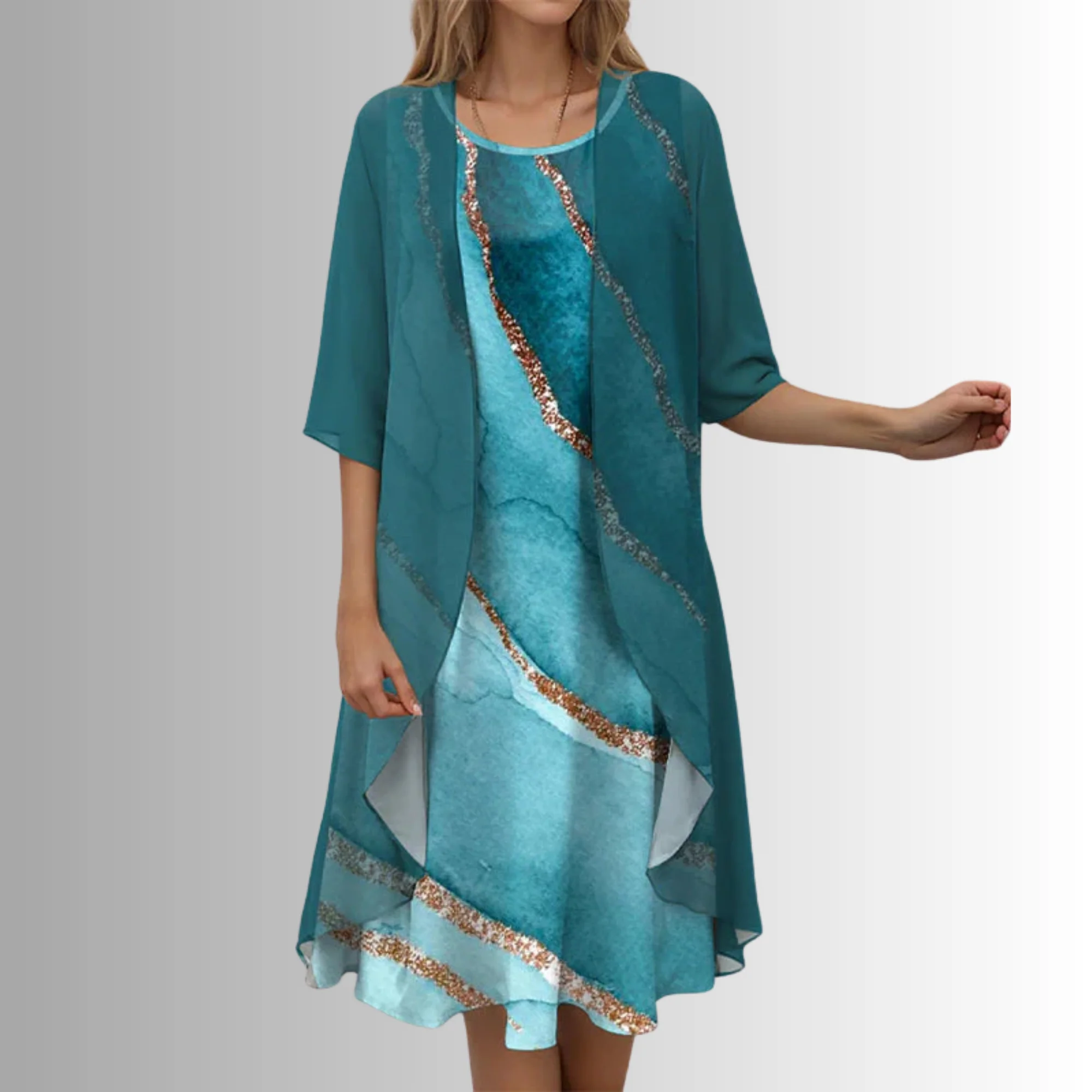 Women's 2-Piece Dress Set with Floral Print Midi and Sheer Open Front Cardigan - Image 5