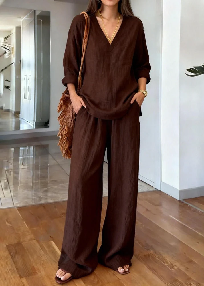 Women's 2-Piece Pant Set with V-Neck Tunic and High Waisted Wide Leg Trousers - Image 3