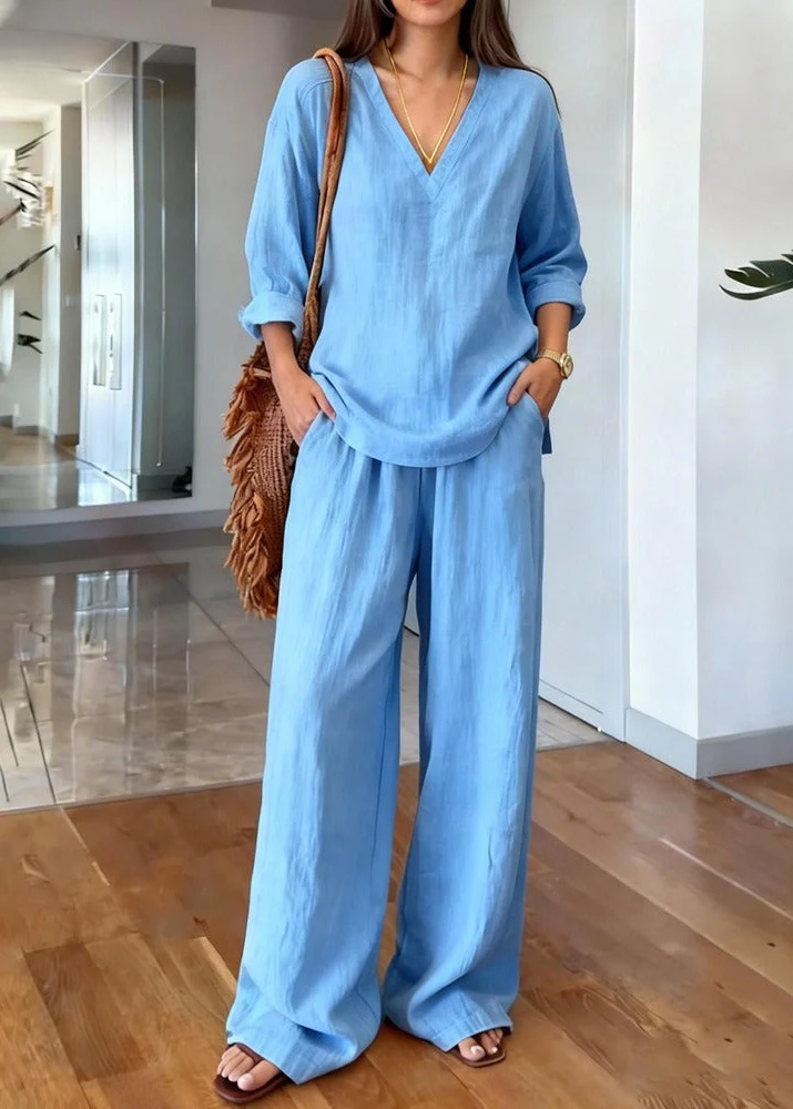 Women's 2-Piece Pant Set with V-Neck Tunic and High Waisted Wide Leg Trousers - Image 5