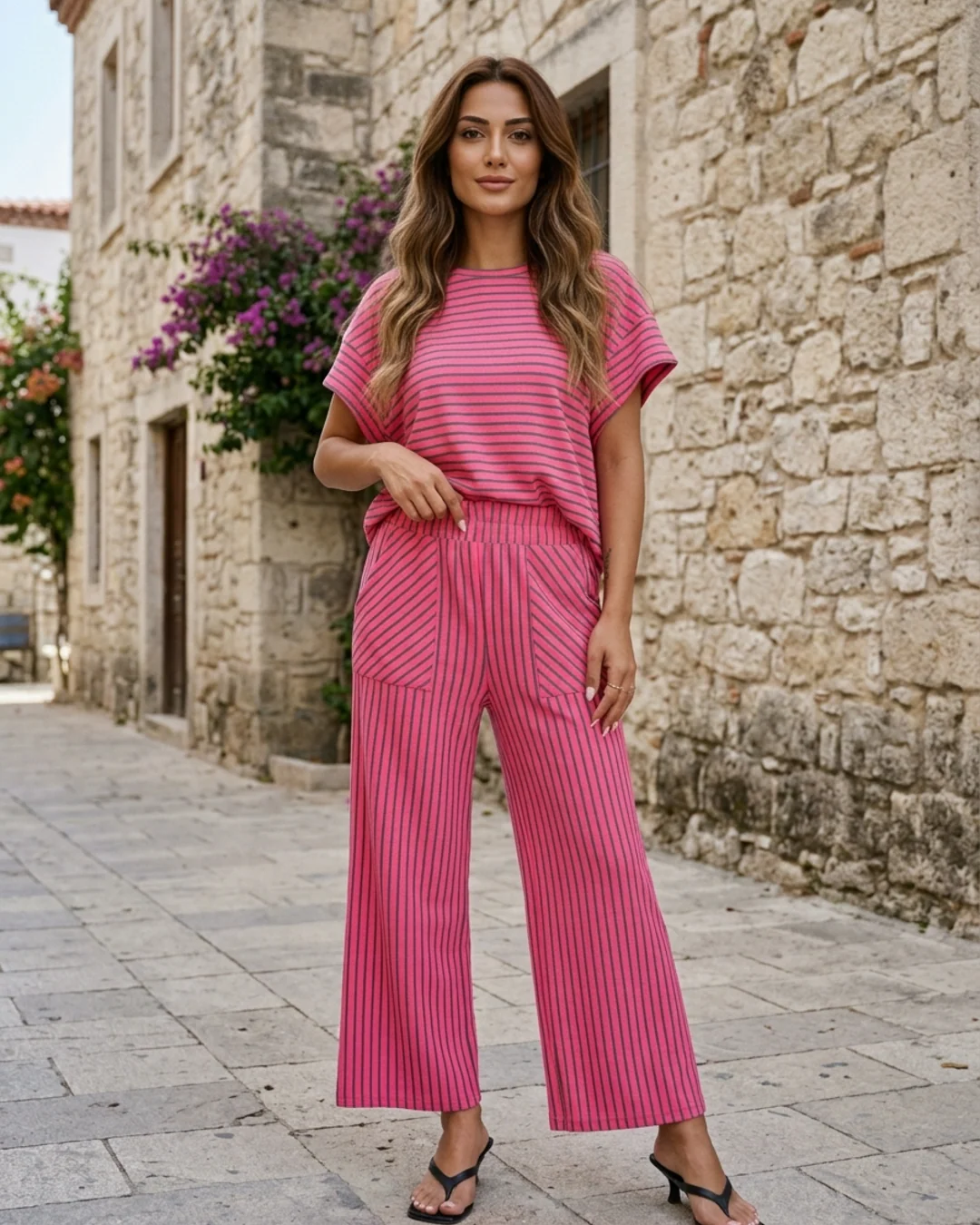Women’s 2-Piece Set with Striped Batwing Top and Wide Leg Culottes - Image 3
