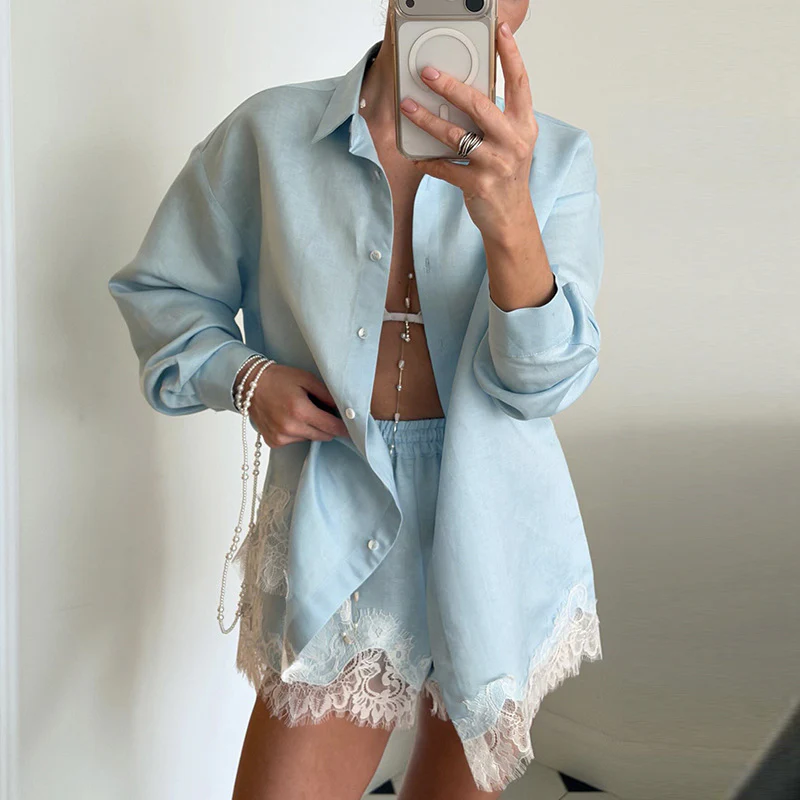 Women’s 2-Piece Short Set with Oversized Button-Down Shirt and Scalloped Lace Trim - Image 3