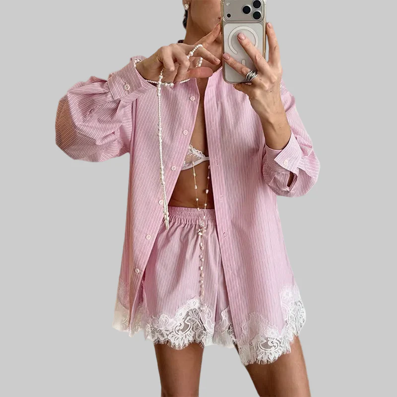 Women’s 2-Piece Short Set with Oversized Button-Down Shirt and Scalloped Lace Trim - Image 7