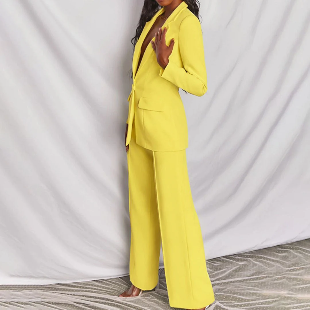 Women's Blazer and Trousers Set with Single-Breasted Jacket and Wide-Leg Pants - Image 10