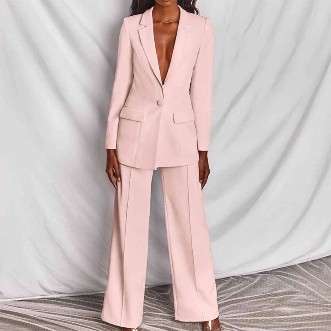 Women's Blazer and Trousers Set with Single-Breasted Jacket and Wide-Leg Pants - Image 12