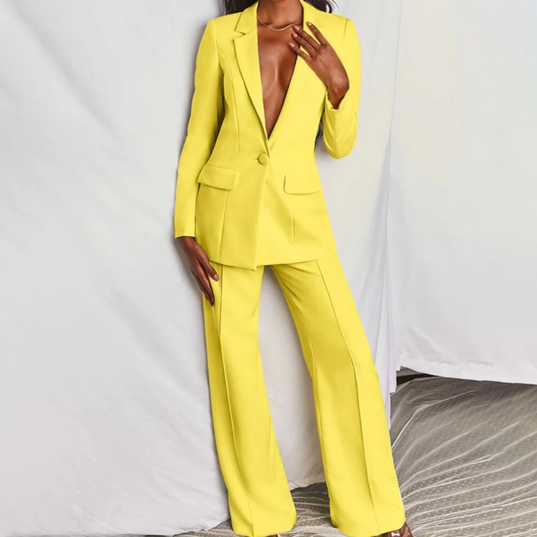 Women's Blazer and Trousers Set with Single-Breasted Jacket and Wide-Leg Pants - Image 2