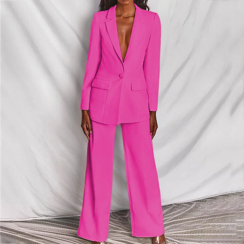 Women's Blazer and Trousers Set with Single-Breasted Jacket and Wide-Leg Pants - Image 3