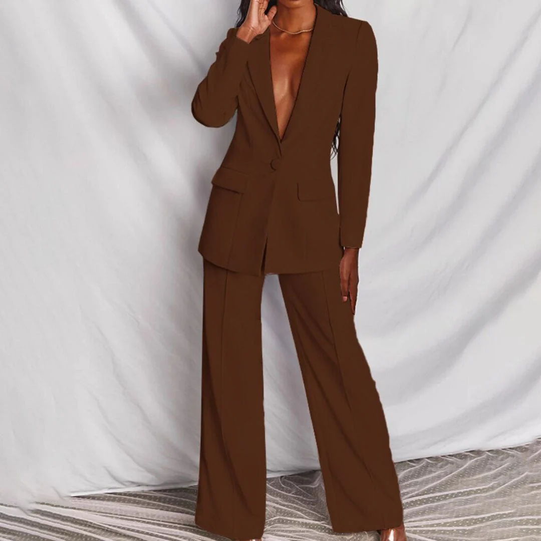 Women's Blazer and Trousers Set with Single-Breasted Jacket and Wide-Leg Pants - Image 4